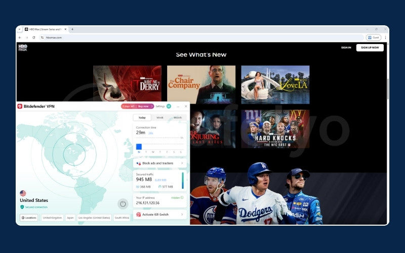 Successful unblocking of HBO Max through Bitdefender VPN