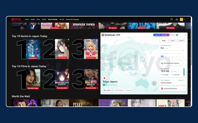 Successful unblocking of Netflix Japan through Bitdefender VPN