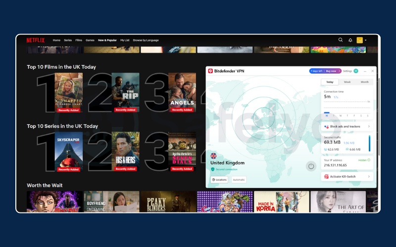 Successful unblocking of Netflix UK through Bitdefender VPN
