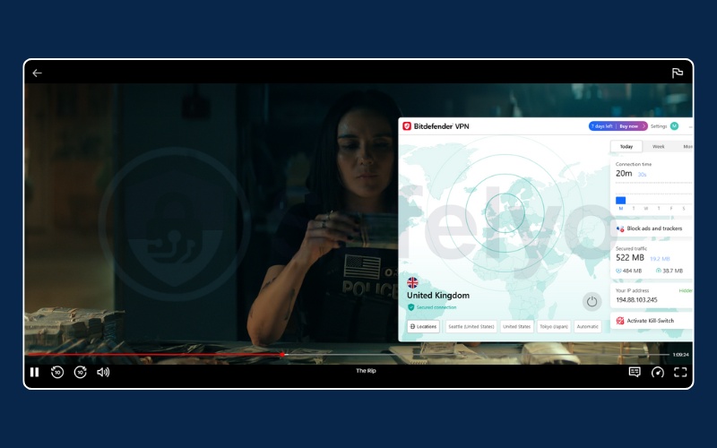 Successful unblocking of Netflix UK through Bitdefender VPN