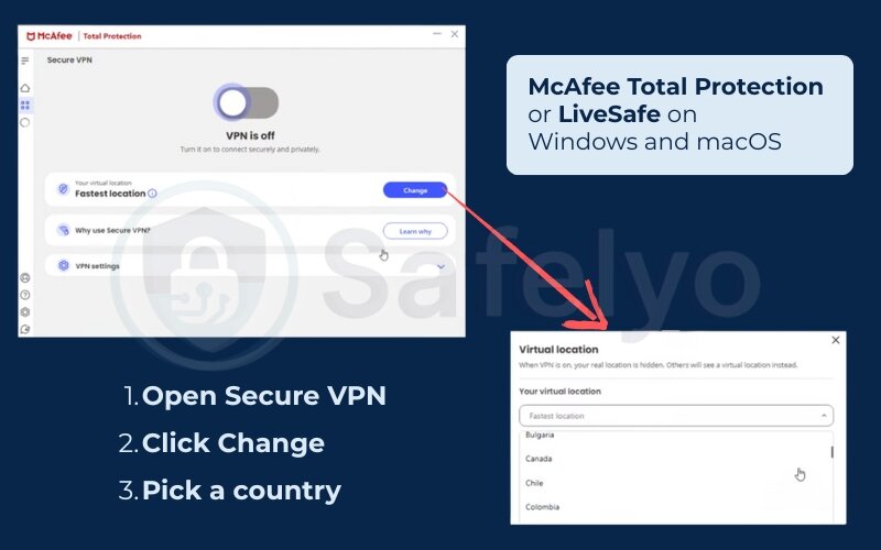 Change server locations in McAfee Security on Windows and macOS