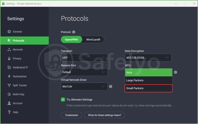 Changing the MTU packet size in PIA's advanced network settings to Small Packets to improve speed