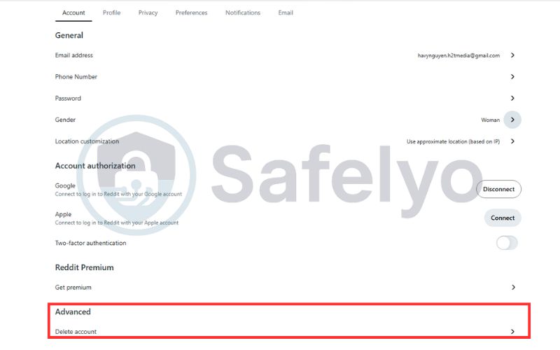 Choose delete account