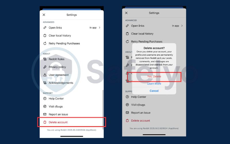 Choose Delete account and confirm