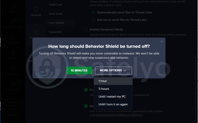 Choose how long Avast stays disabled