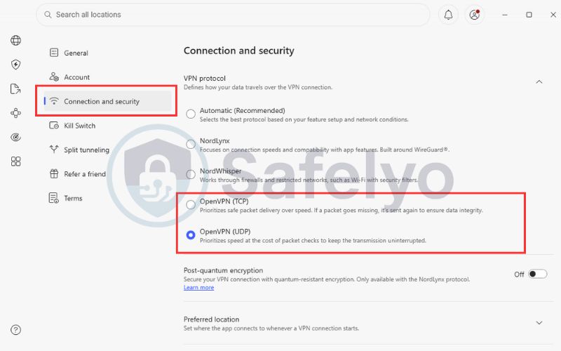 Choose OpenVPN in the connection and security tab