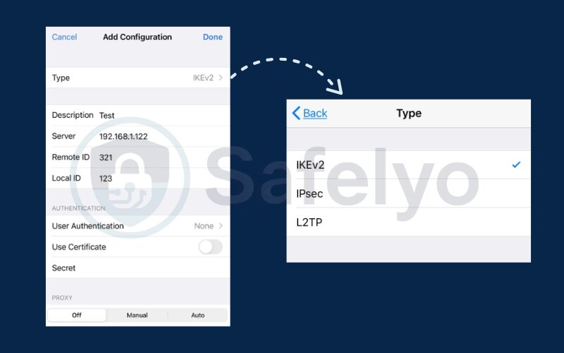 Choose the correct type (IKEv2, L2TP, or IPSec) Choose the correct type (IKEv2, L2TP, or IPSec)
