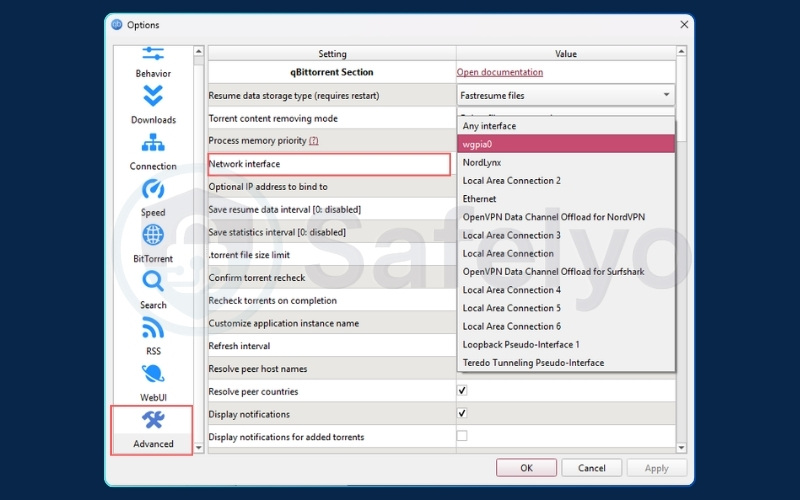 Click Advanced -> Locate the Network Interface -> Select your VPN adapter  
