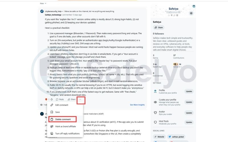 Click Delete comment