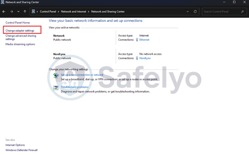 Click on Change adapter settings
