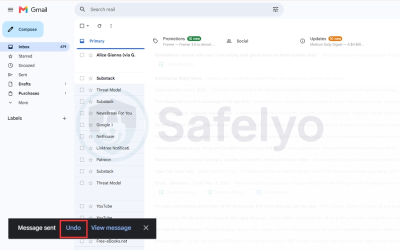 Click Undo to recall your email