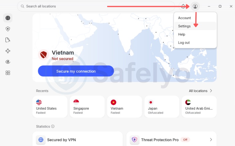 Clicking the profile icon to open Settings in NordVPN