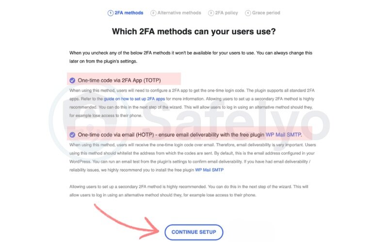 Choose authentication methods: TOTP. Email codes, backup codes