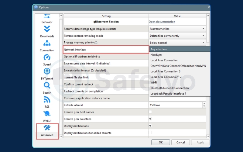 Configure Network Interface Binding in qBittorrent