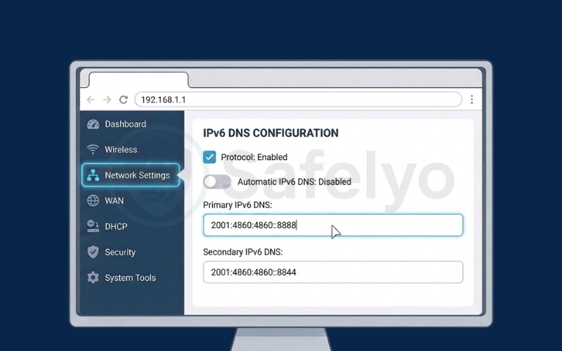 Configure the provider’s IPv6 DNS addresses