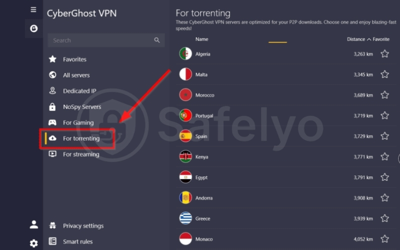 CyberGhost for torrenting servers