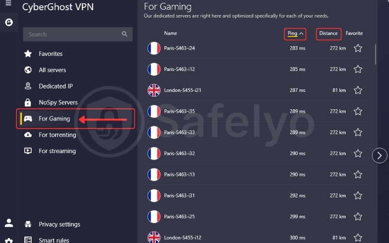 CyberGhost gaming servers