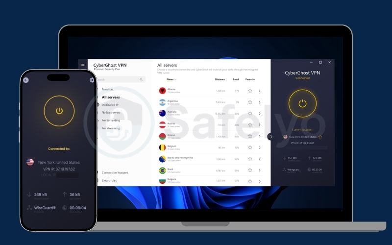 CyberGhost interface on desktop and mobile devices