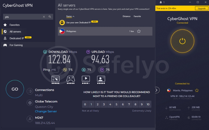 CyberGhost speed test in the Philippines