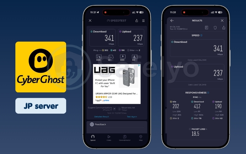 CyberGhost mobile speed test results on Japan server