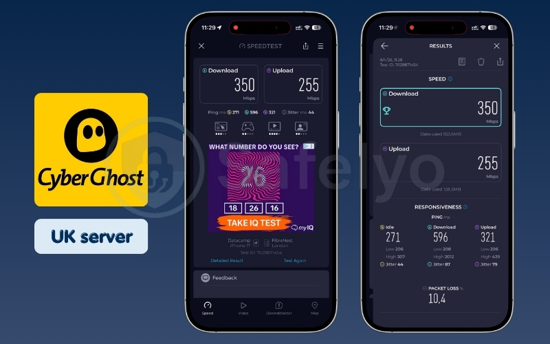 CyberGhost mobile speed test results on UK server