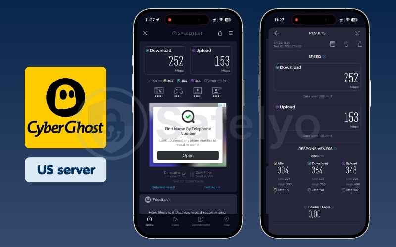 CyberGhost mobile speed test results on US server