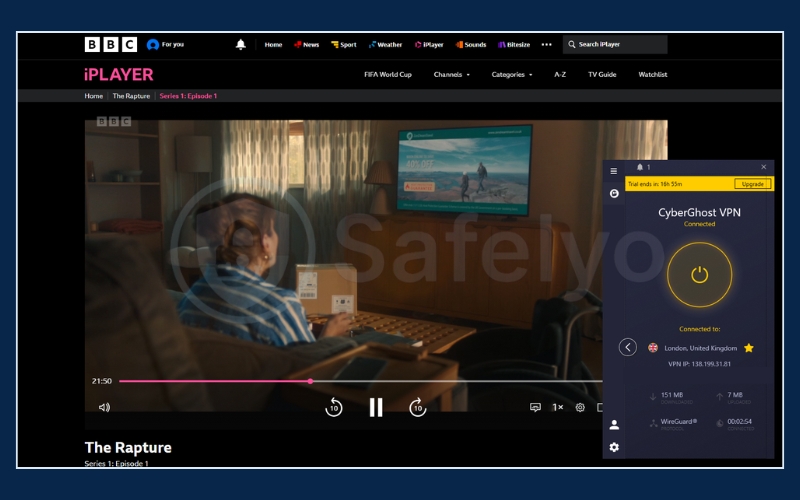 CyberGhost successfully unblocking BBC iPlayer