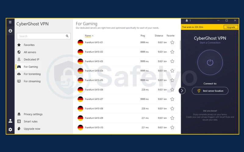 CyberGhost VPN app showing the dedicated gaming servers