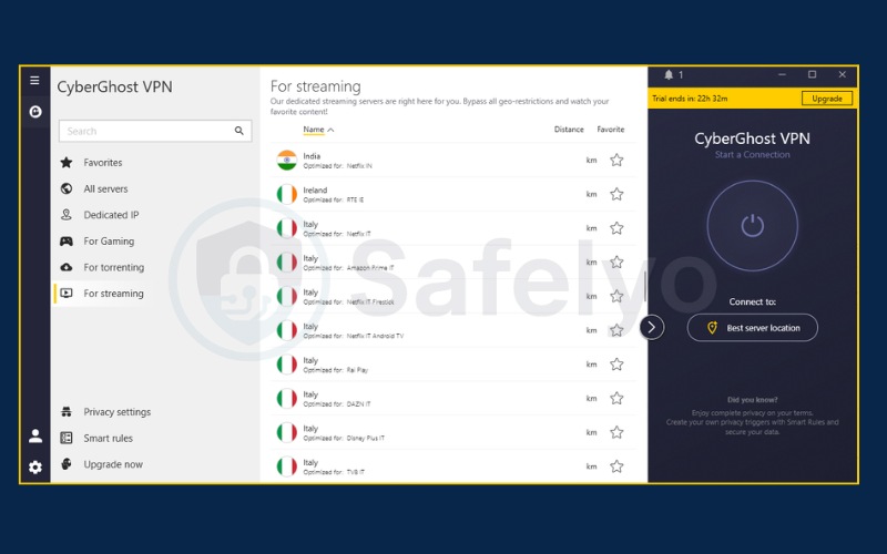 CyberGhost VPN app showing the dedicated streaming servers