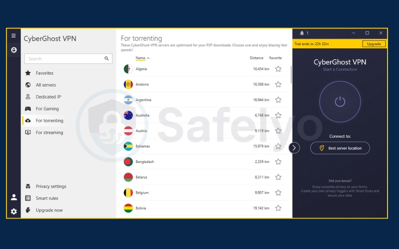CyberGhost VPN app showing the dedicated torrenting servers