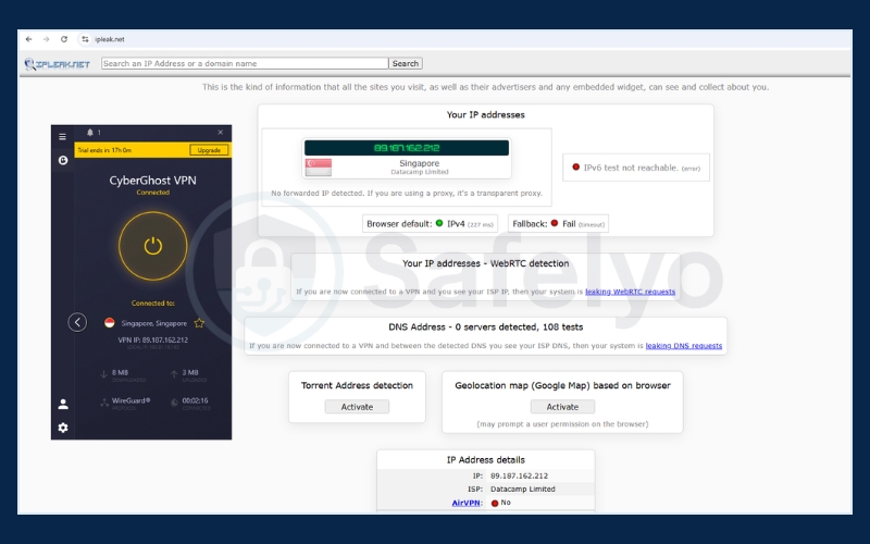 CyberGhost VPN - IP and DNS leak test results on ipleak.net