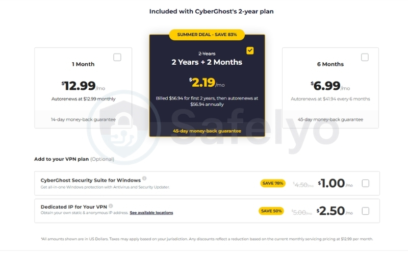 CyberGhost VPN - Pricing page