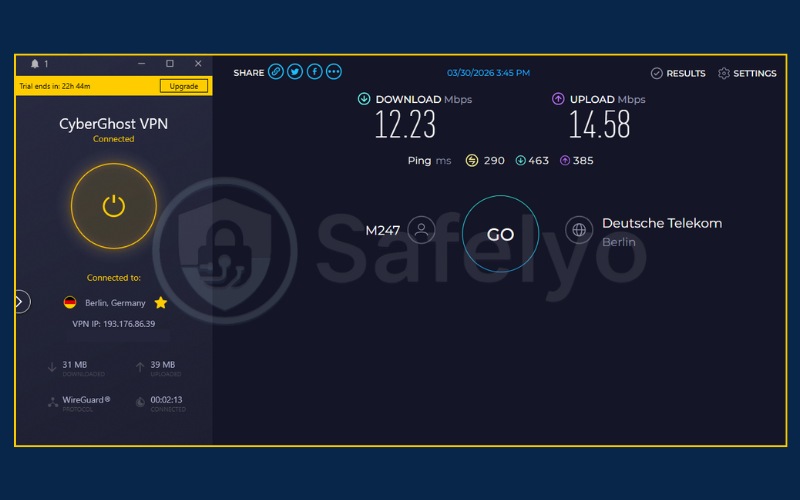 Speed test results for CyberGhost VPN on Germany server