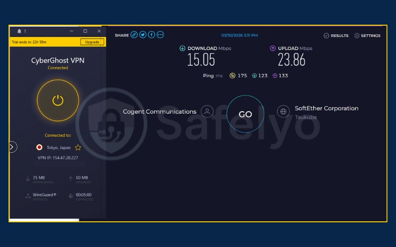 Speed test results for CyberGhost VPN on Japan server