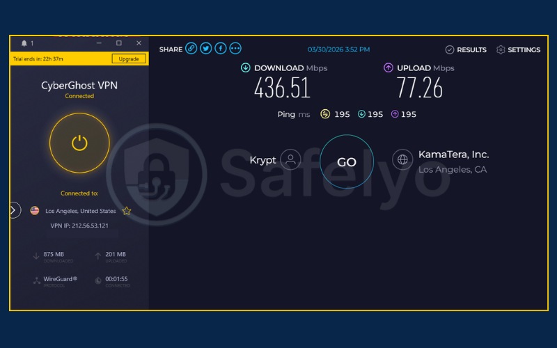 Speed test results for CyberGhost VPN on US (Los Angeles) server