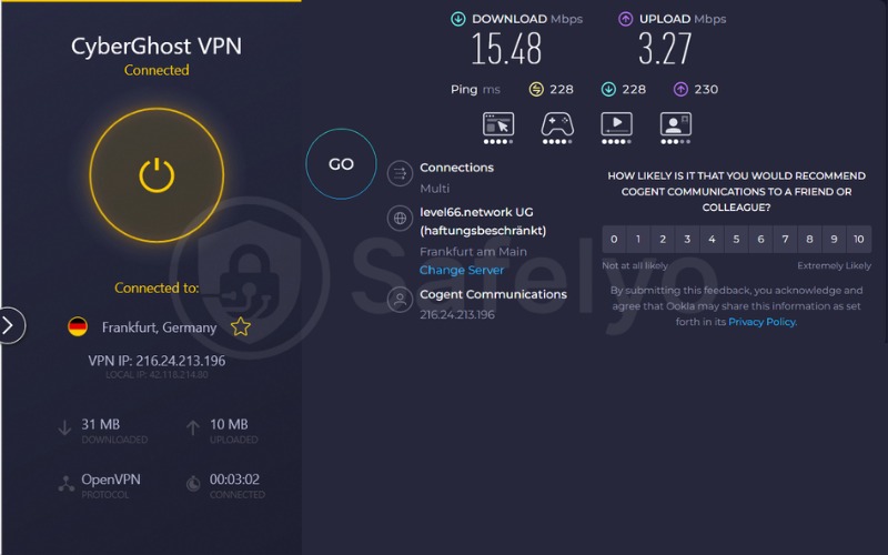 CyberGhost VPN speed test in Germany server