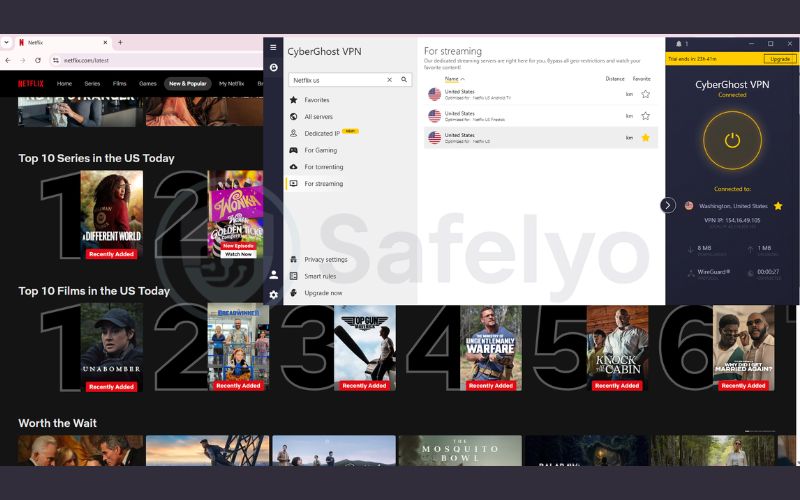 CyberGhost streaming-optimized servers unlocking Netflix US