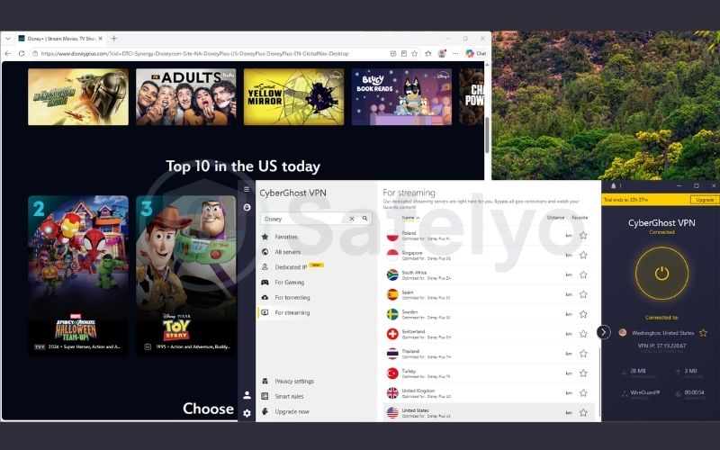CyberGhost VPN successfully bypassing geo-restrictions on Disney Plus