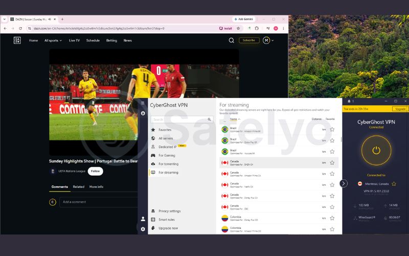 CyberGhost VPN successfully unblocking and streaming DAZN