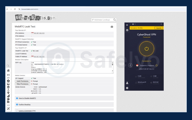 CyberGhost VPN - WebRTC leak test result on Browserleaks.com