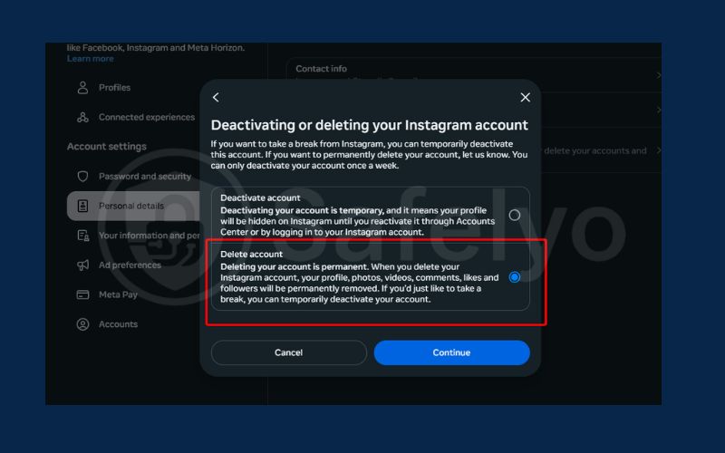Delete Instagram account via web browser