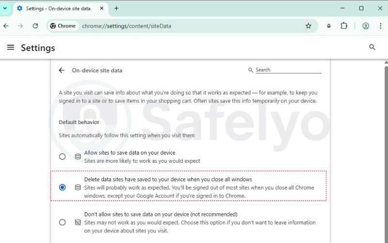Select the radio button “Delete data sites... close all windows”