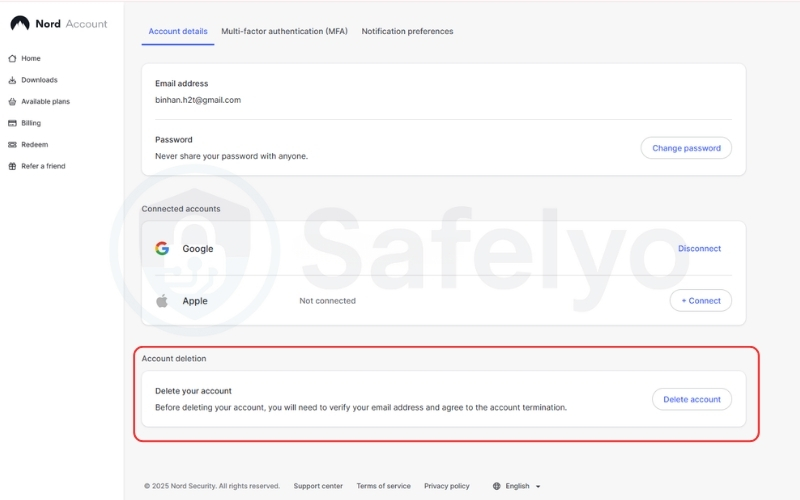 Delete your NordVPN account via Nord Account