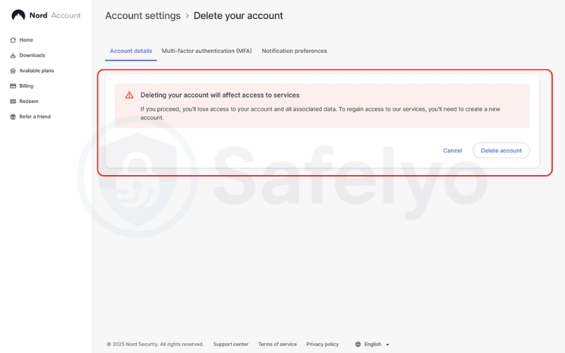 Delete your NordVPN account via Nord Account