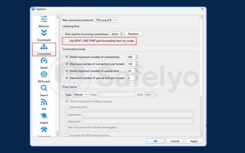 Disable UPnP and NAT-PMP for qBittorrent