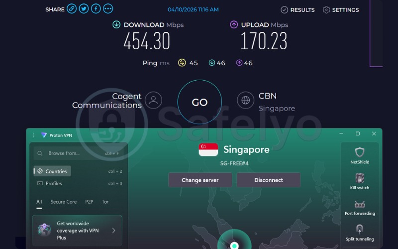 Proton VPN Free speed test results on Singapore server