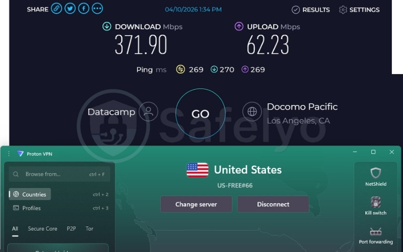 Proton VPN Free speed test results on US server