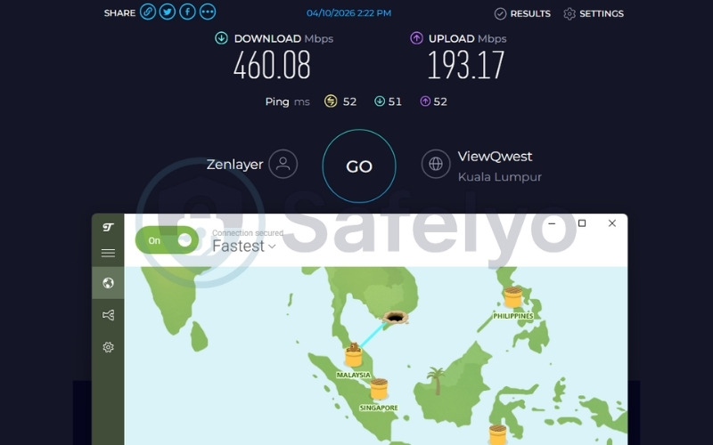 TunnelBear Free speed test results on Malaysia server