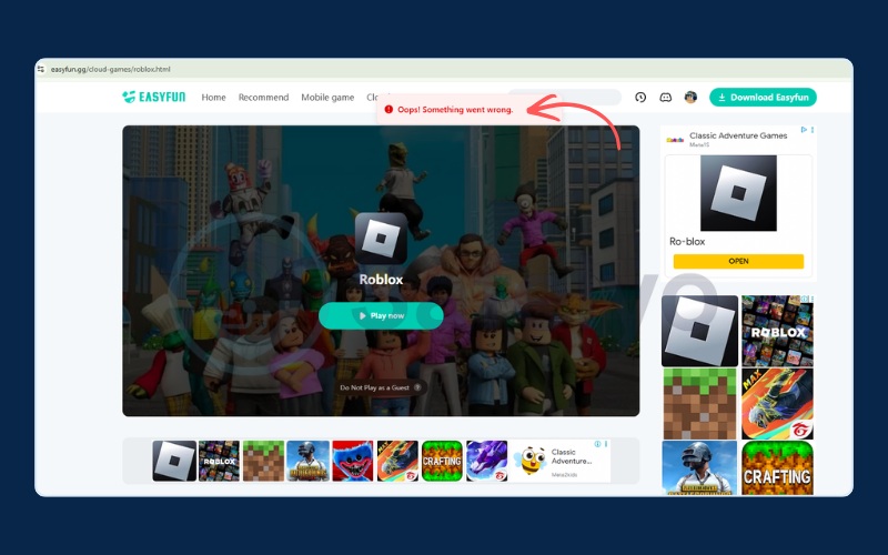 easyfun.gg displays an error message.