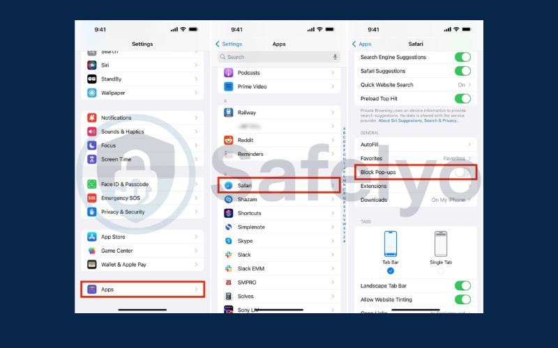 Enable block pop ups for safari